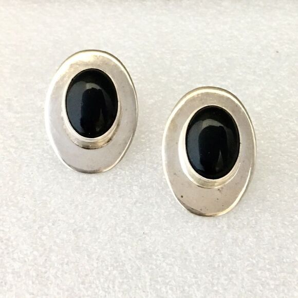 925 Sterling Silver Black Onyx Taxco Mexico Earrings Vintage Oval Pierced 1200 - Picture 2 of 8